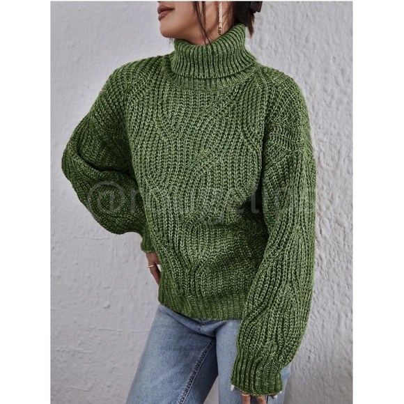 Cable Knit Turtleneck Pullover Sweater Forrest Green - Picture 3 of 10